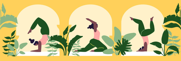 Fototapeta na wymiar Women exercising yoga vector illustration. Yogis in poses, woman practicing asana texture background of abstract tropical leaves. Concept summer yoga. Cartoon flat style. Healthy lifestyle