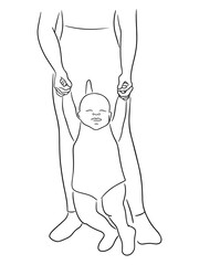 Small baby is learning to walk. Mom helps her child take the first step and holds both hands. Happy motherhood concept