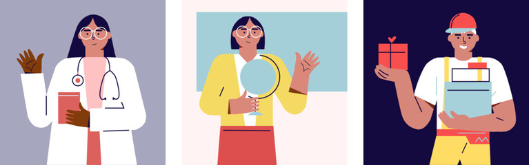 Courier, doctor, teacher character set. Vector illustration in cartoon flat style. Labor day. Various professions and specialists