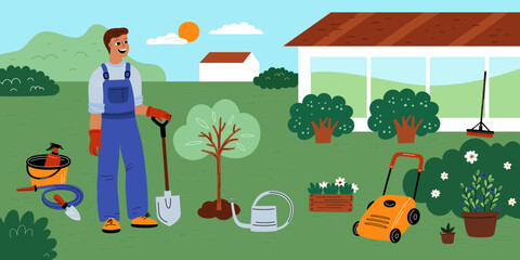 Naklejka premium Garden work. Horticulture hobby and lifestyle. Guy in work clothes. Man planting trees in backyard. Plants care agricultural tools. Gardener watering seedlings. Garish vector concept