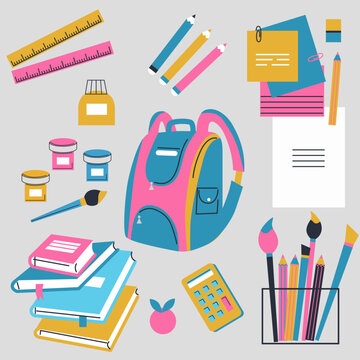 Back to school. School supplies. Brush, pens and pencils. School backpacks, note paper, books, calculator. Flat cartoon vector illustration. Icon School supplies