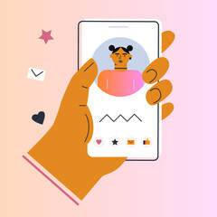 Smartphone with male profiles. New generation. The concept of social networks, virtual relationships. Friends chatting and texting. Vector illustration. Online chat messages.