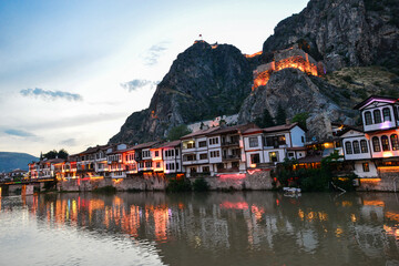 Fototapeta na wymiar Historic mansions in Amasya in the evening in Turkey - Amasya is located in the north of Anatolia, in the inner part of the Middle Black Sea Region.