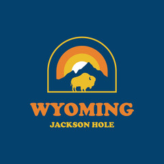 Retro vintage Wyoming badge with mountains and buffalo. Jackson Hole, Logo design state concept.