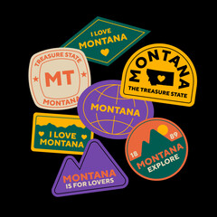 Sticker Pack. Collection of trendy pins. Set of cool patches vector design. Montana, USA retro badges.