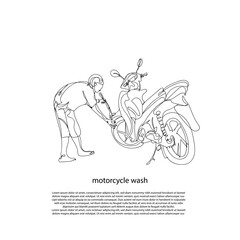 continuous line of motorcycle washing. line art of people washing motorbikes