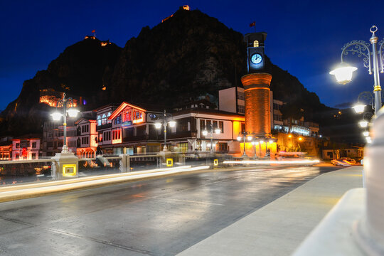 Historic mansions in Amasya, at night in Turkey - Amasya is located in the north of Anatolia, in the inner part of the Middle Black Sea Region