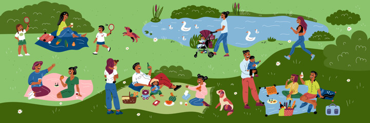 Obraz na płótnie Canvas Park picnic. Happy people with kids on nature. Families eat and drink on grass. Moms walk with babies. Romantic lunch. Couples relax on blankets. Outdoor vacation. Garish vector concept