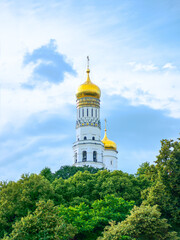 Fototapeta na wymiar The domes of the church are against the backdrop of the blue sky. Architecture of Moscow Kremlin.