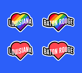 Pride day labels or sticker collection in flat design. Louisiana, Baton Rouge red and rainbow LGBT heart stickers. I love Louisiana, Baton Rouge. T-shirt design vector.