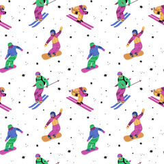 Fototapeta na wymiar Seamless winter sports pattern. Snowboarders or skiers on snow. Professional athletes in equipment. Teenagers extreme activities. Skiing or snowboarding people. Garish vector background