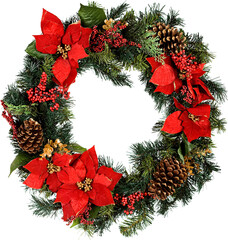 Festive Christmas Pine Wreath With Poinsettias - obrazy, fototapety, plakaty