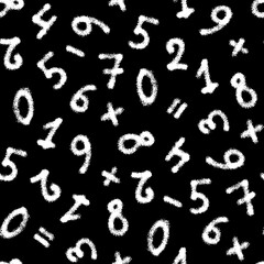 Small ink white numbers and math signs isolated on black background. Cute monochrome seamless pattern. Vector simple flat graphic hand drawn illustration. Texture.