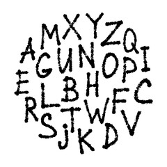 Alphabet set. Ink English letters. Black contour linear silhouette. Vector simple flat graphic hand drawn illustration. Isolated object on a white background. Isolate. Texture.