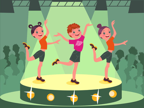 TV Talent Show. Kids Dance Or Vocal Competition. Musicians Contest. Musical Auditions Or Concerts. Round Studio Podium With Spotlight. People Audience. Splendid Vector Illustration