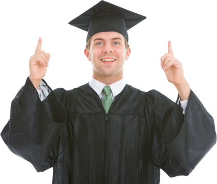 Graduation: Happy Graduate Points to Copyspace Above