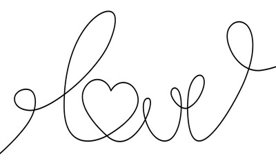 Lettering love. One continuous from hand drawing text. Handwritten text love and heart. Vector background.