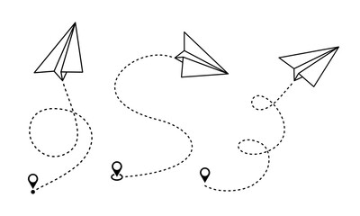 Set of paper plane route and path vector icons. Flying plane. Hand drawing airplane. Vector 10 EPS.