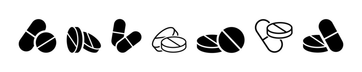 Set of pills vector icons set. Tablet or capsule on white background. Medicaments icon. Antibiotic or vitamin.