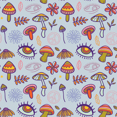 teenage seamless 70s retro mushroom pattern hippie