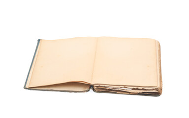 Open old book, notebook isolated on white background.