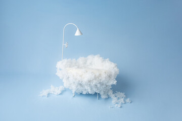 children's holiday decoration of the photo zone. small baby bath with foam. background texture the first photo session of a newborn