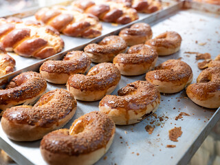 Sweet cookies with sesame topped. Turkish cuisine delicacies. local name ay coregi. Close up