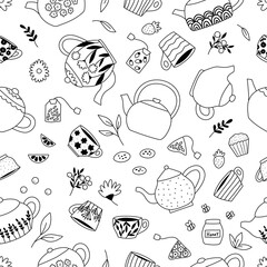 Doodle seamless pattern with tea pots, cups, mugs, leaves, flowers, berries and sweets. Hand drawn coloring page. Outline dishes. Black and white vector illustration.
