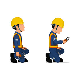 Industrial workers with clamp meter on white background
