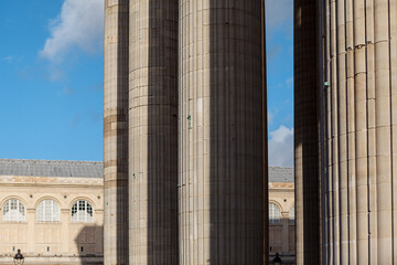 Architecture with columns . Doric colonnade . Stone pillars in a row 