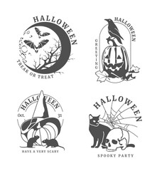 Set of Halloween badges and labels, postcards decorative design elements. Black and white line clean style. Flat vector.