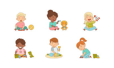 Happy Children Playing Toy in the Nursery Vector Illustration Set