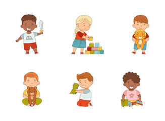 Happy Children Playing Toy in the Nursery Vector Illustration Set