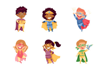 Kids Wearing Costumes of Superhero Pretending Having Powers for Fighting Crime Vector Set