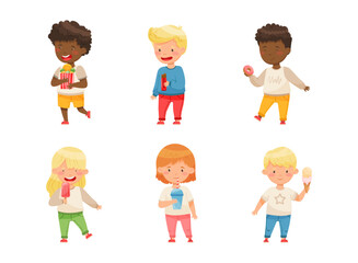 Little Boy and Girl Drinking Soda with Straw and Eating Confection Vector Set