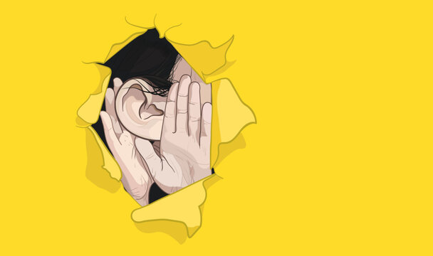Female ear and hands close-up. Torn hole, paper, yellow background. Copy space. The concept of eavesdropping, espionage, gossip and yellow press. Vector illustration, eps 10.