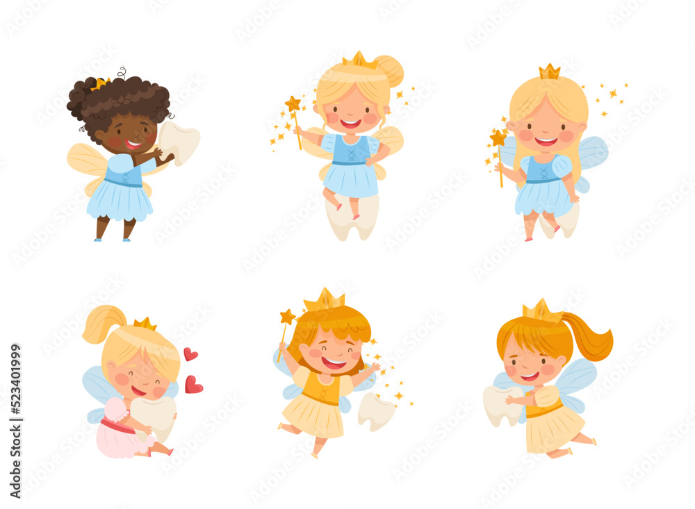 Poster cute little tooth fairy with baby teeth and wand vector set