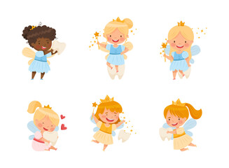 Cute Little Tooth Fairy with Baby Teeth and Wand Vector Set
