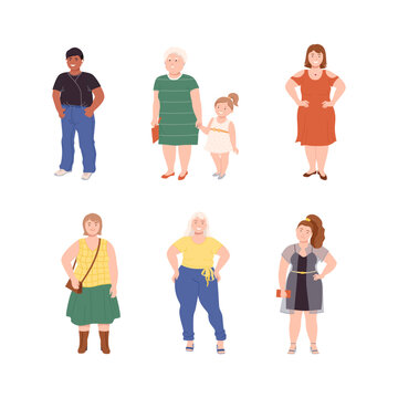 People Characters with Corpulent Body in Standing Pose Vector Illustration Set