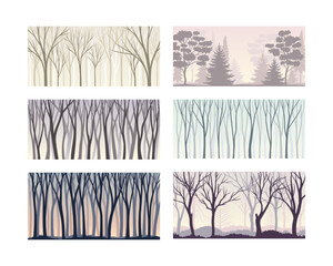 Tree Silhouette with Tall Trunk and Branched Top as Misty Forest Horizontal Backdrop Vector Set