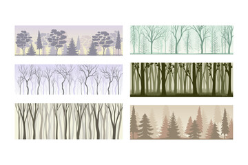 Tree Silhouette with Tall Trunk and Branched Top as Misty Forest Horizontal Backdrop Vector Set