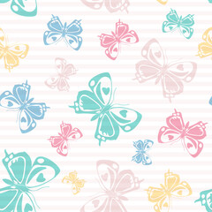 Fototapeta na wymiar Flying butterfly silhouettes over striped background vector seamless pattern.
