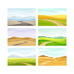Winding Road Going into the Distance and Grassy Hill Vector Set