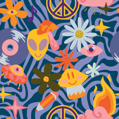 Obraz na płótnie Canvas Vector teenage seamless 70s retro pattern hippie