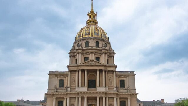 Obverse view of Les Invalides timelapse hyperlapse (The National Residence of the Invalids). Complex of museums and monuments in Paris, and the burial site for some of France's war heroes, notably