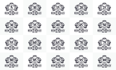 Happy birthday logo bundle. Retro vintage birthday logo set. 5th, 10th, 15th, 20th, 25th, 30th, 35th, 40th, 45th, 50th, 55th, 60th, 100th birthday celebration logo bundle.
