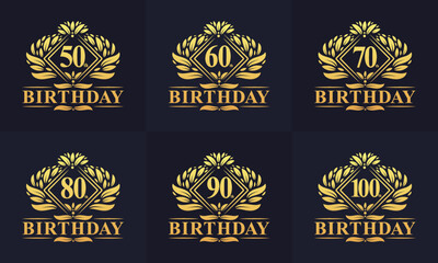Vintage Retro Birthday logo set. Luxurious golden birthday logo bundle. 50th, 60th, 70th, 80th, 90th, 100th happy birthday logo bundle.
