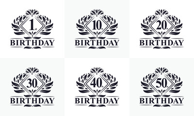 Vintage Retro Birthday logo set. Luxurious golden birthday logo bundle. 1st, 10th, 20th, 30th, 40th, 50th birthday logo bundle.