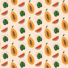 Summer vector colorful pattern. Fruits pattern. Palm leaf, watermelon,papaya pattern.