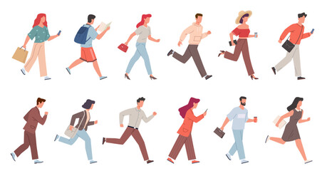 Hurrying people. Flat male and female characters, running citizens in casual clothes, simple workers and students late, busy men and women with smartphone and bags. Nowaday vector cartoon set